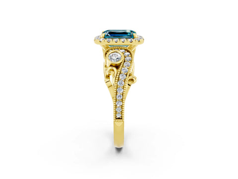 Yellow gold Emerald Cut Blue Topaz Halo Ring with Milgrain Pavé Band and Four-Prong Setting_14