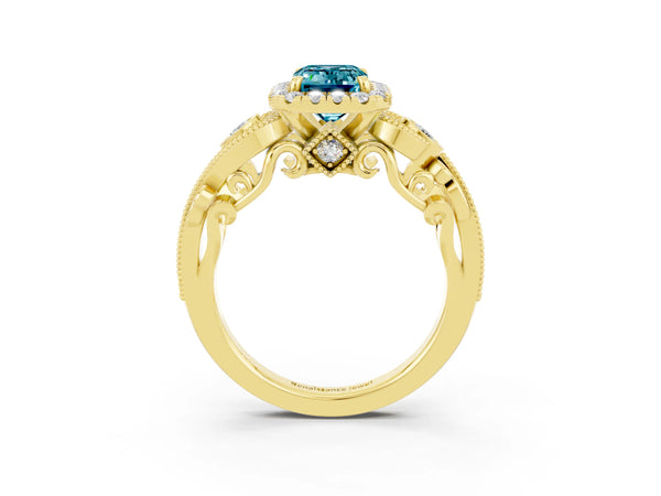 Yellow gold Emerald Cut Blue Topaz Halo Ring with Milgrain Pavé Band and Four-Prong Setting