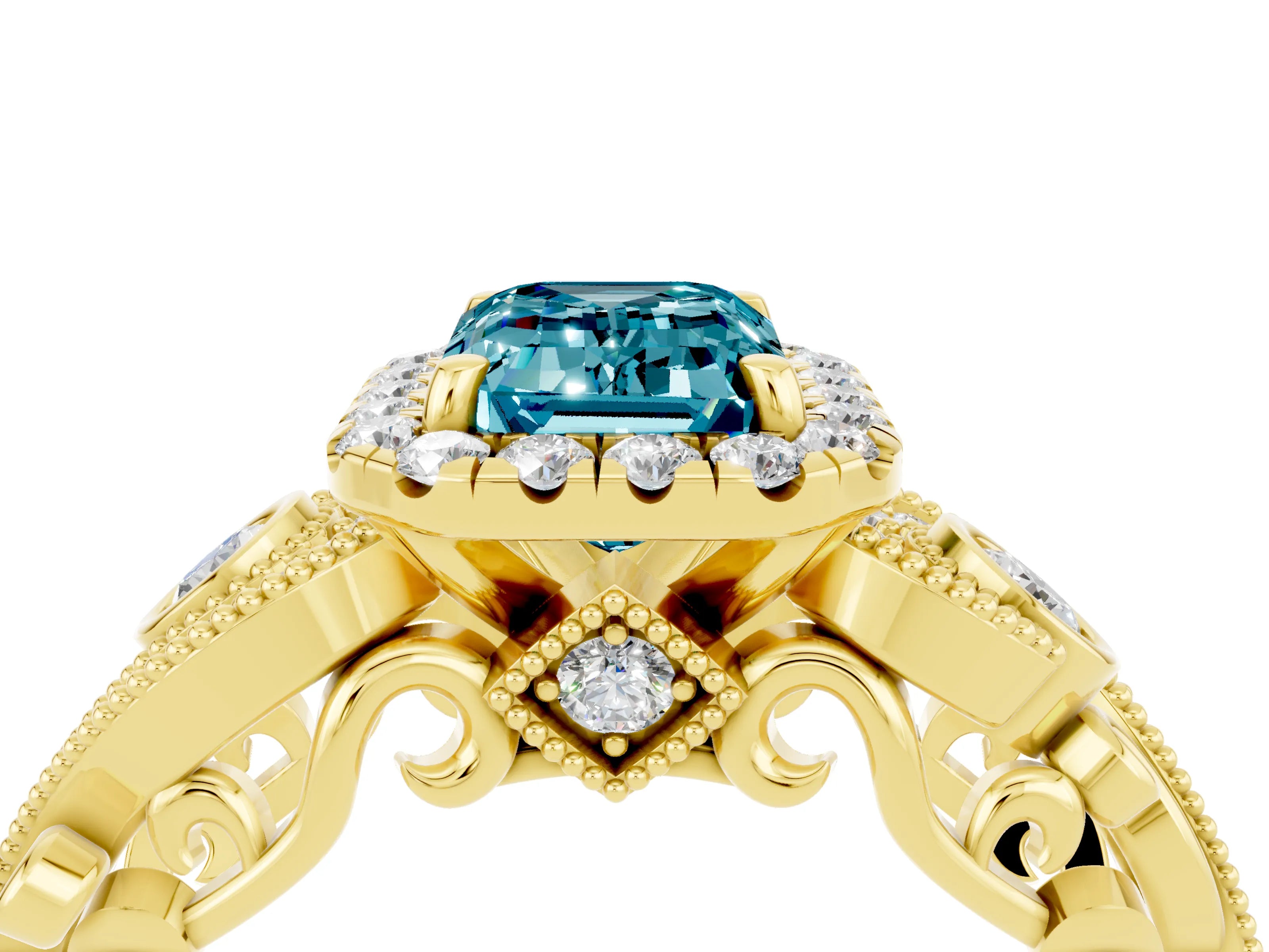 Yellow gold Emerald Cut Blue Topaz Halo Ring with Milgrain Pavé Band and Four-Prong Setting_16