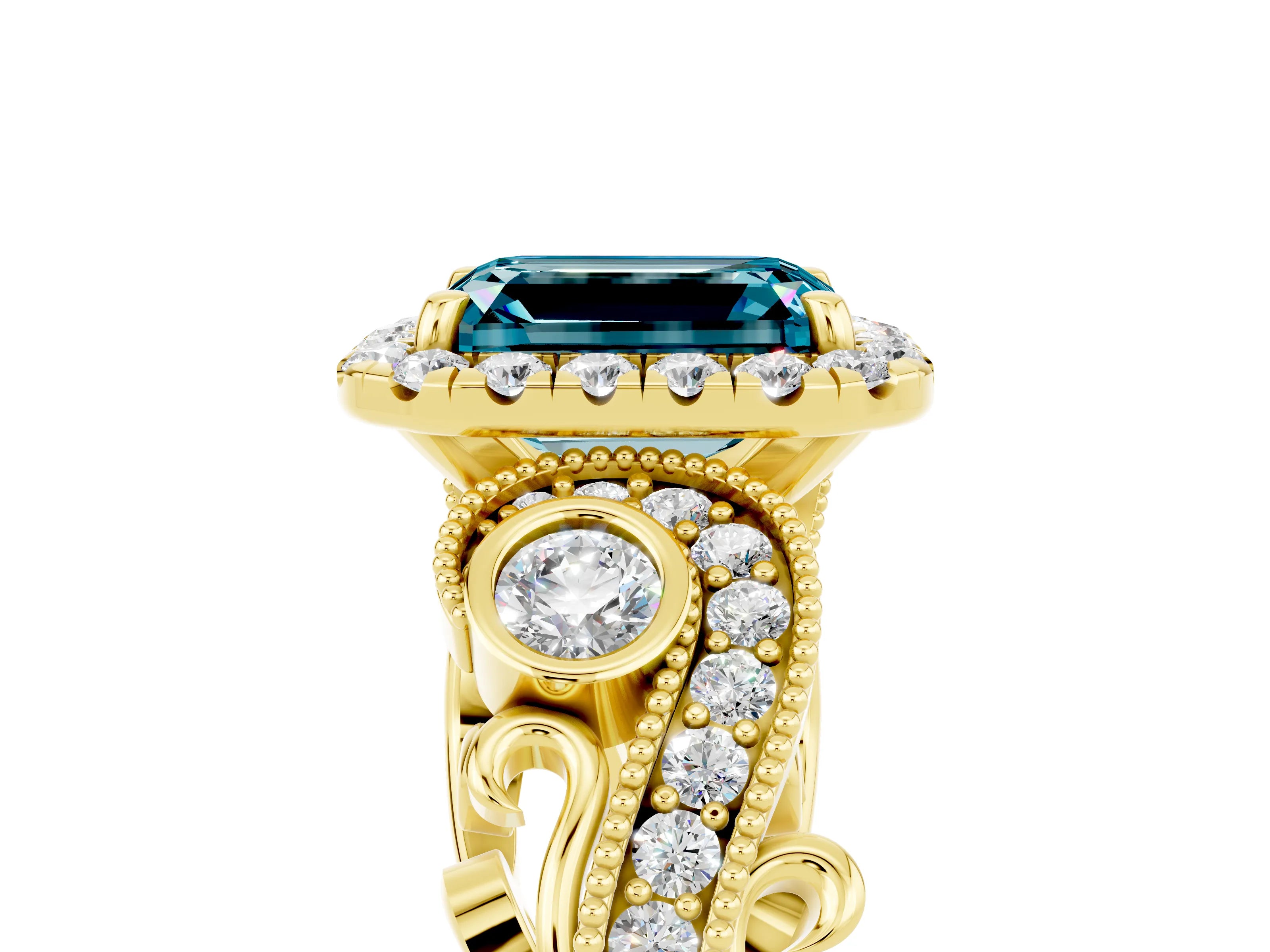 Yellow gold Emerald Cut Blue Topaz Halo Ring with Milgrain Pavé Band and Four-Prong Setting_17