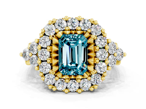 Yellow gold Emerald Cut Blue Topaz Halo Ring with Pavé Band and Four-Prong Setting_12