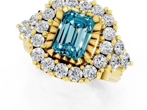 Yellow gold Emerald Cut Blue Topaz Halo Ring with Pavé Band and Four-Prong Setting_13