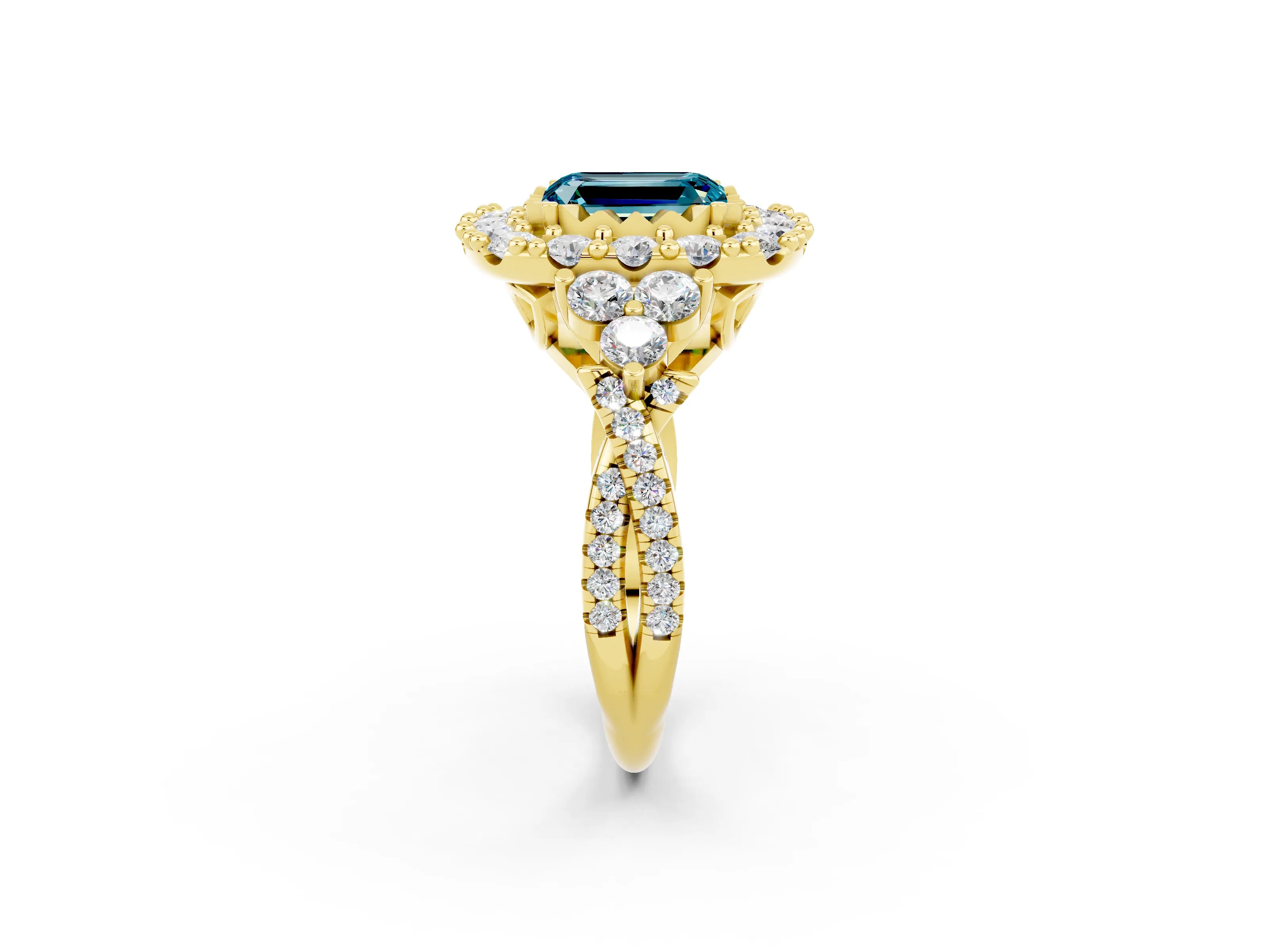 Yellow gold Emerald Cut Blue Topaz Halo Ring with Pavé Band and Four-Prong Setting_14