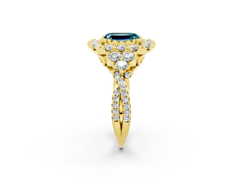 Yellow gold Emerald Cut Blue Topaz Halo Ring with Pavé Band and Four-Prong Setting_14