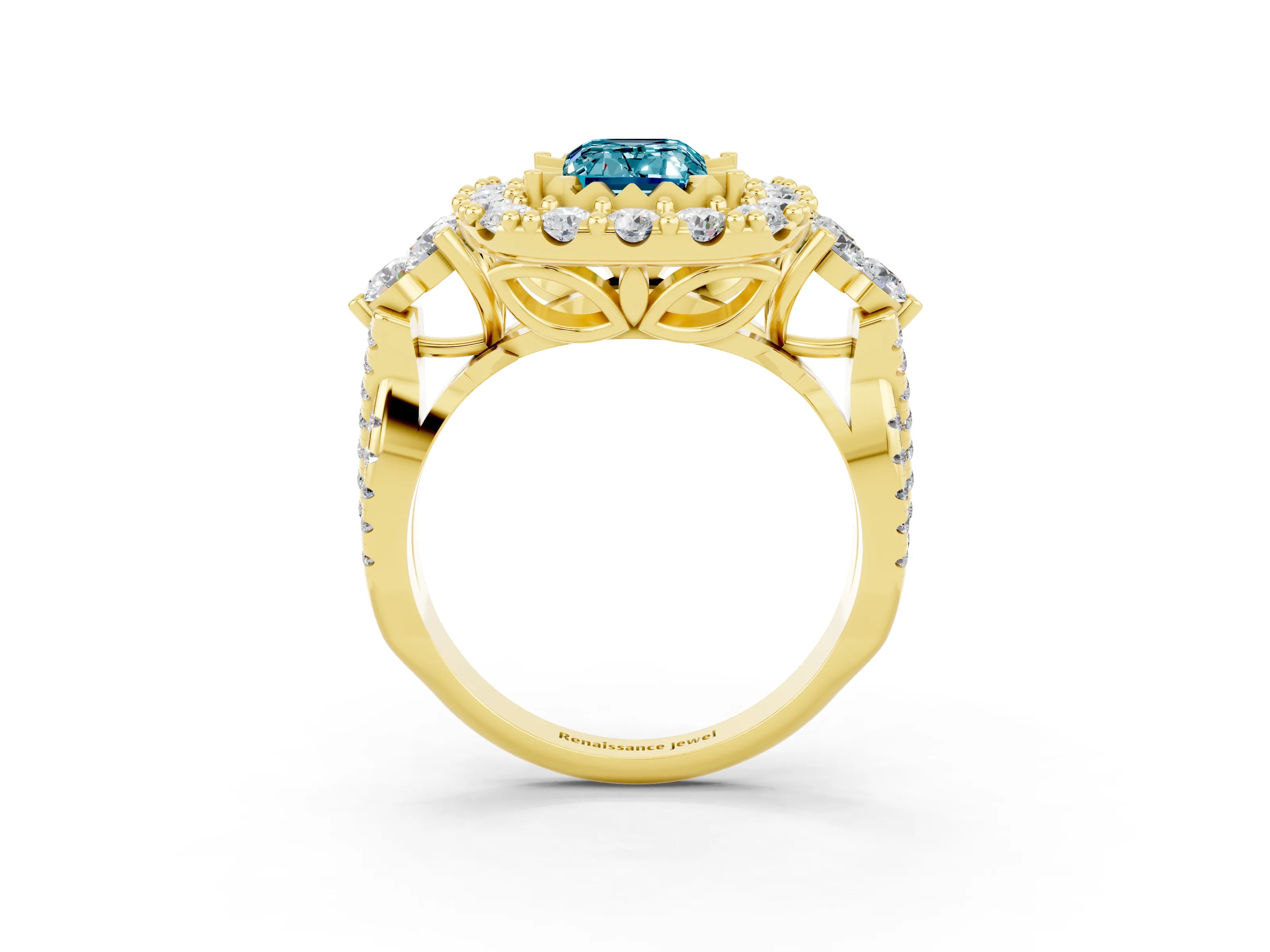Yellow gold Emerald Cut Blue Topaz Halo Ring with Pavé Band and Four-Prong Setting_15