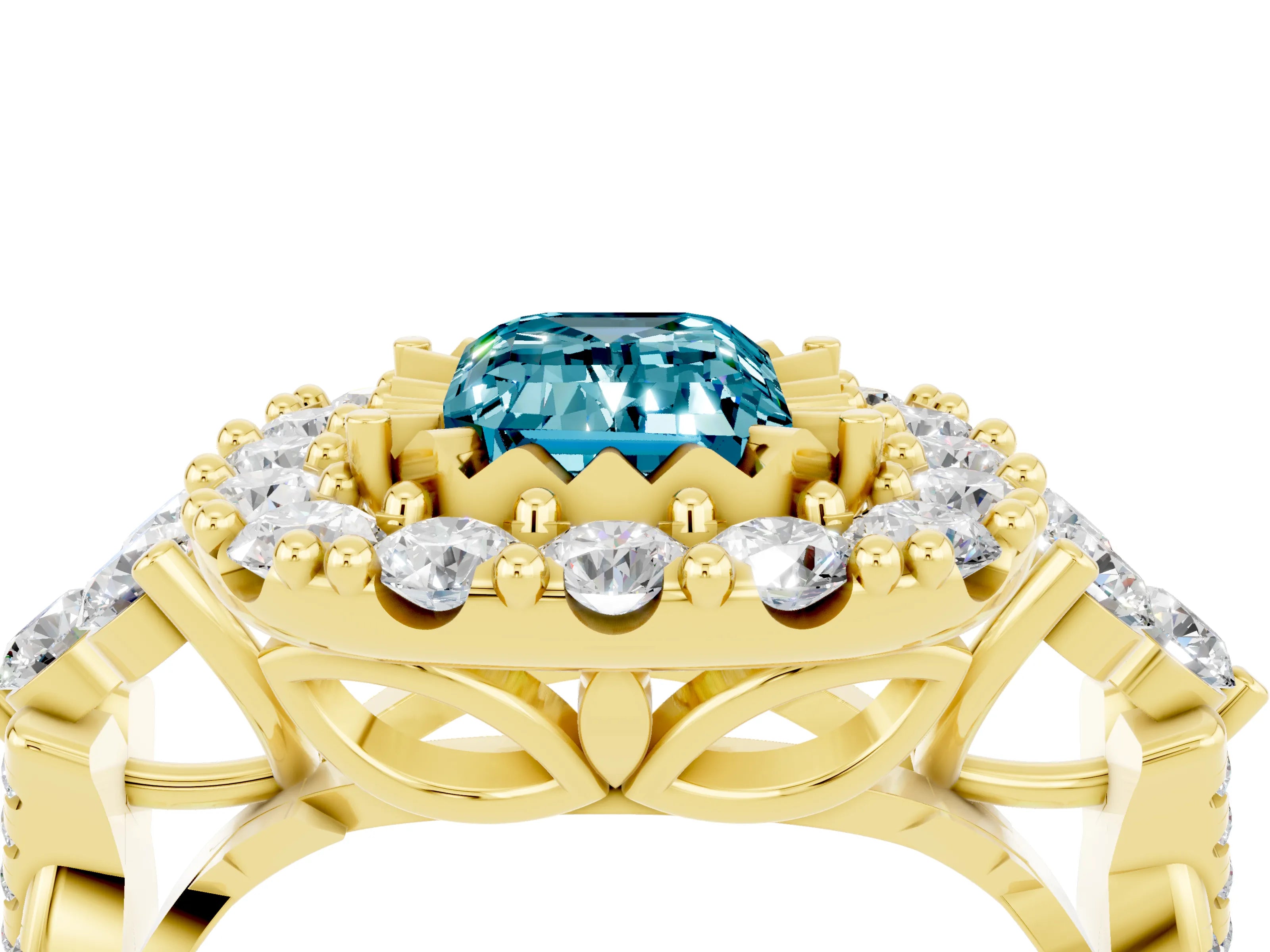 Yellow gold Emerald Cut Blue Topaz Halo Ring with Pavé Band and Four-Prong Setting_16