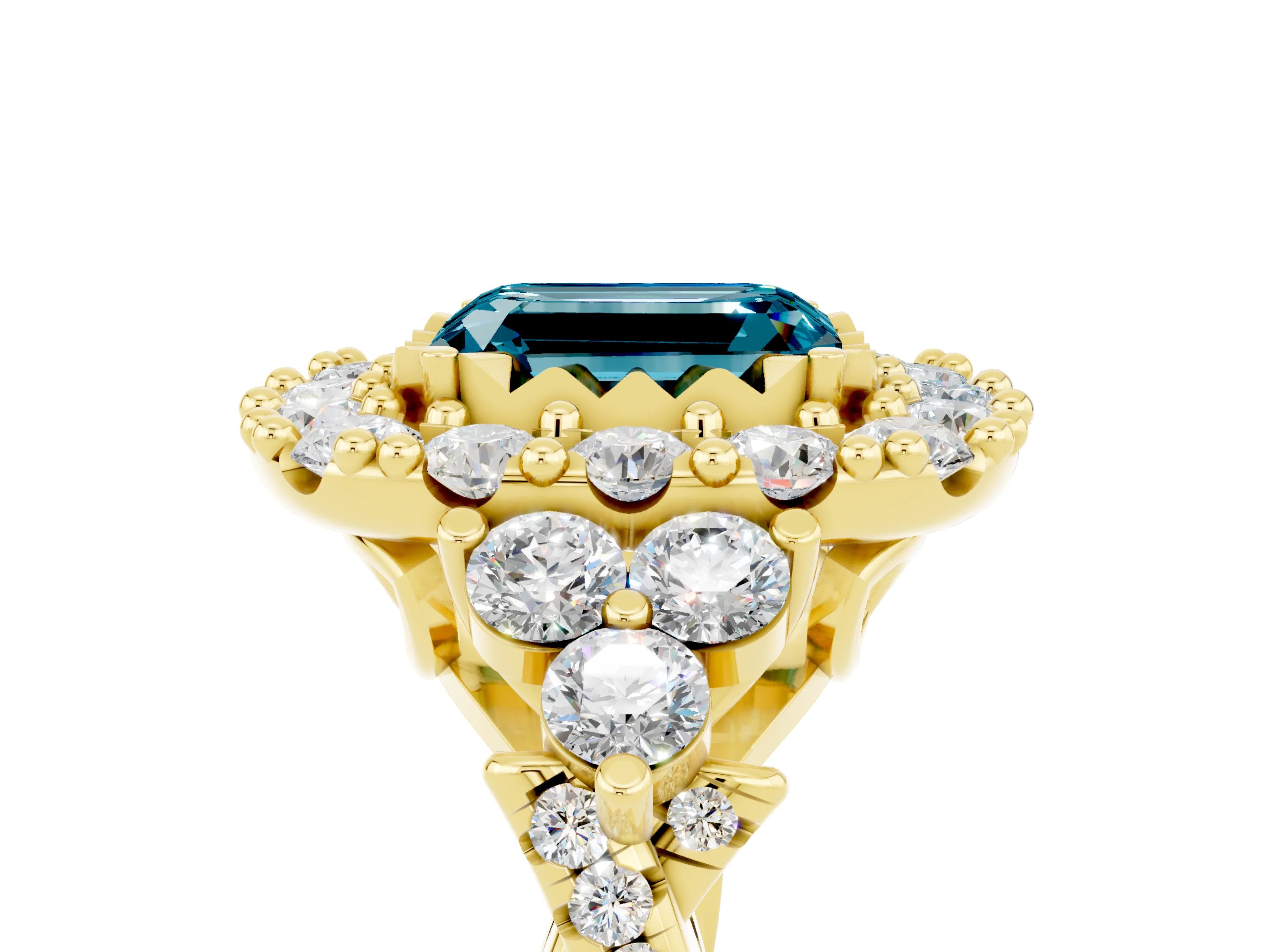 Yellow gold Emerald Cut Blue Topaz Halo Ring with Pavé Band and Four-Prong Setting_17