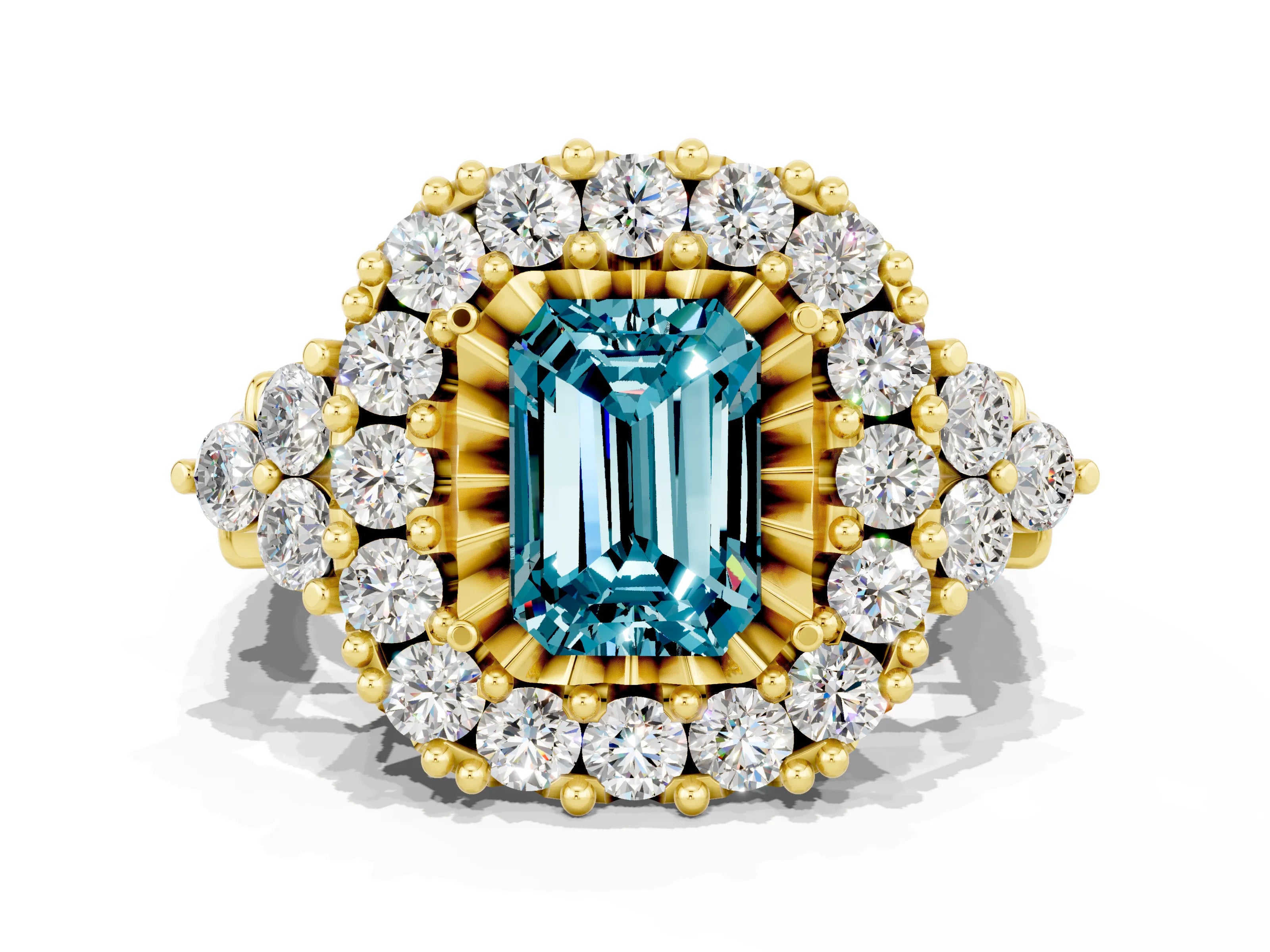 Yellow gold Emerald Cut Blue Topaz Halo Ring with Pavé Band and Four-Prong Setting_18