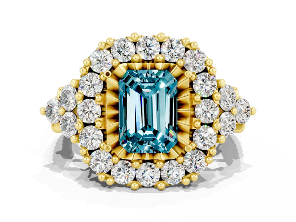 Yellow gold Emerald Cut Blue Topaz Halo Ring with Pavé Band and Four-Prong Setting