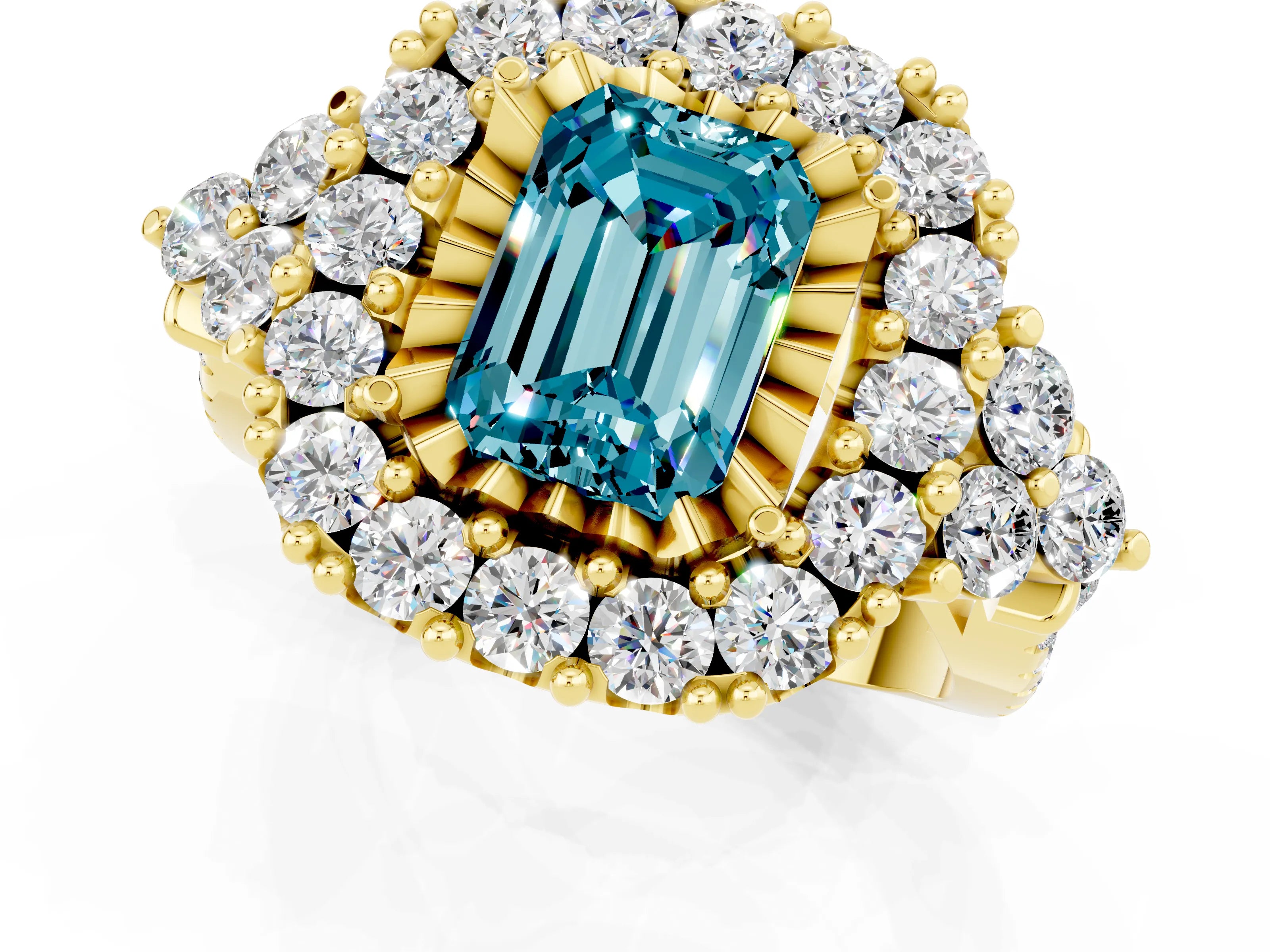 Yellow gold Emerald Cut Blue Topaz Halo Ring with Pavé Band and Four-Prong Setting_19