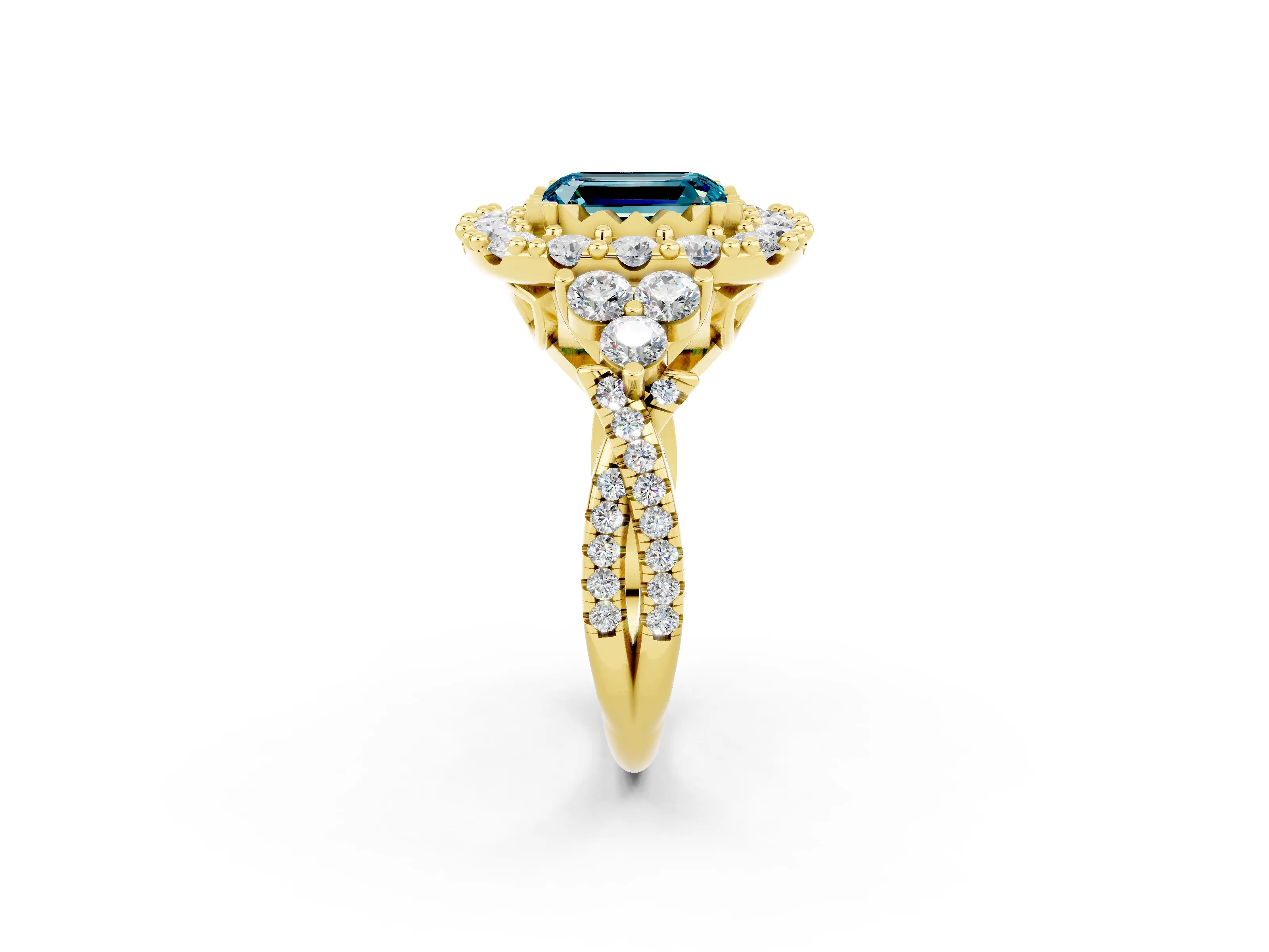 Yellow gold Emerald Cut Blue Topaz Halo Ring with Pavé Band and Four-Prong Setting_20