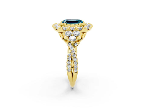Yellow gold Emerald Cut Blue Topaz Halo Ring with Pavé Band and Four-Prong Setting_20