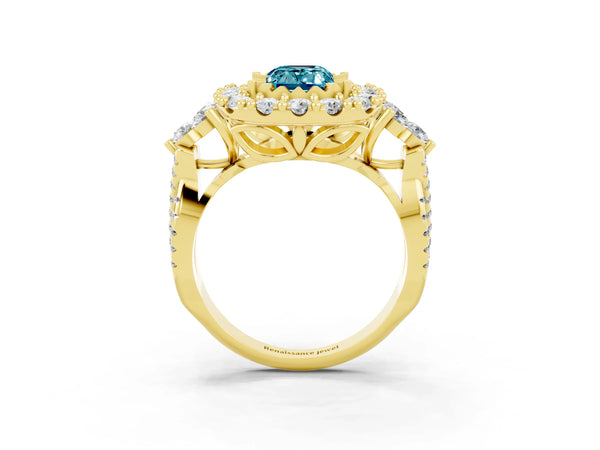 Yellow gold Emerald Cut Blue Topaz Halo Ring with Pavé Band and Four-Prong Setting