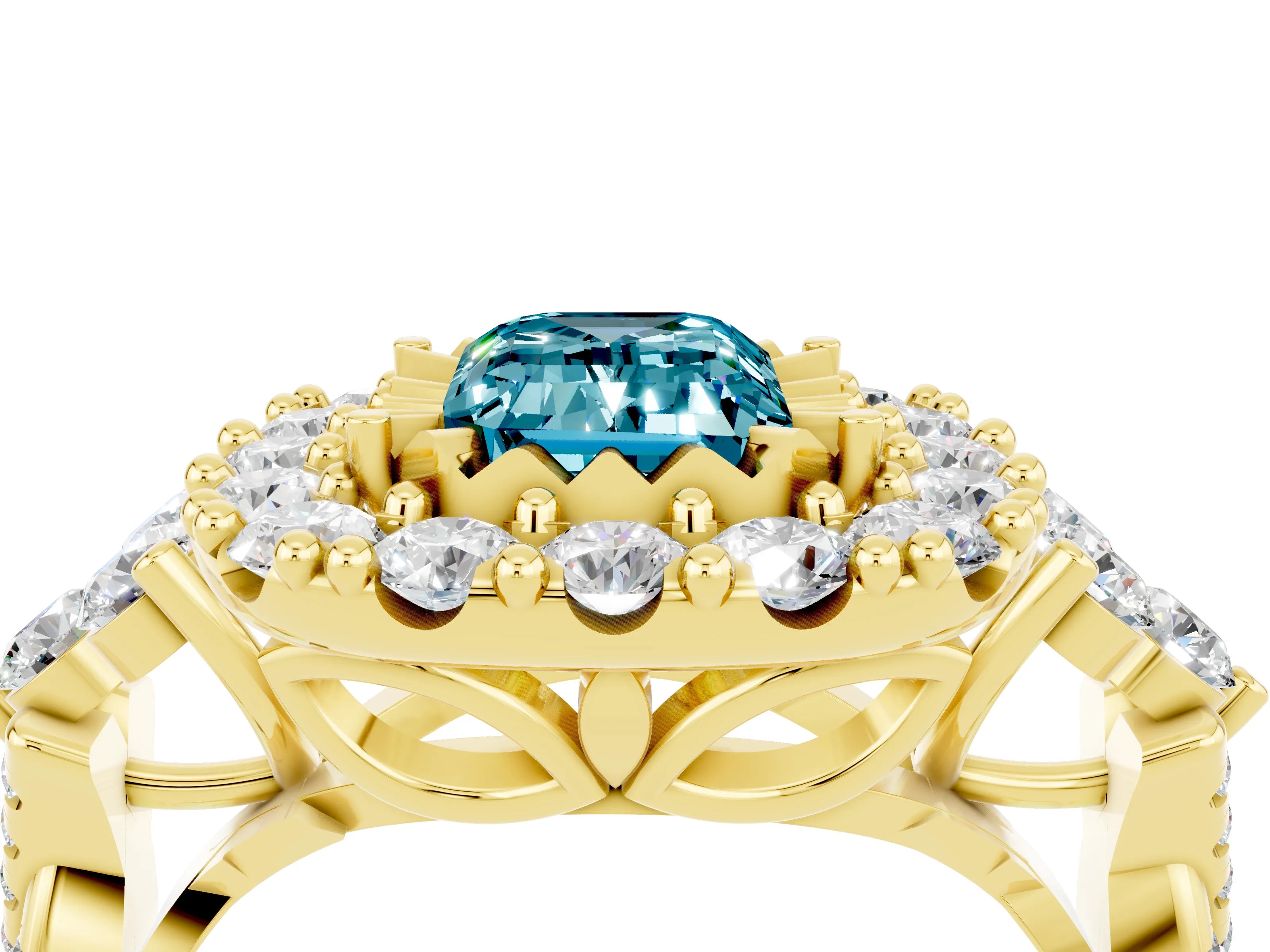 Yellow gold Emerald Cut Blue Topaz Halo Ring with Pavé Band and Four-Prong Setting_22