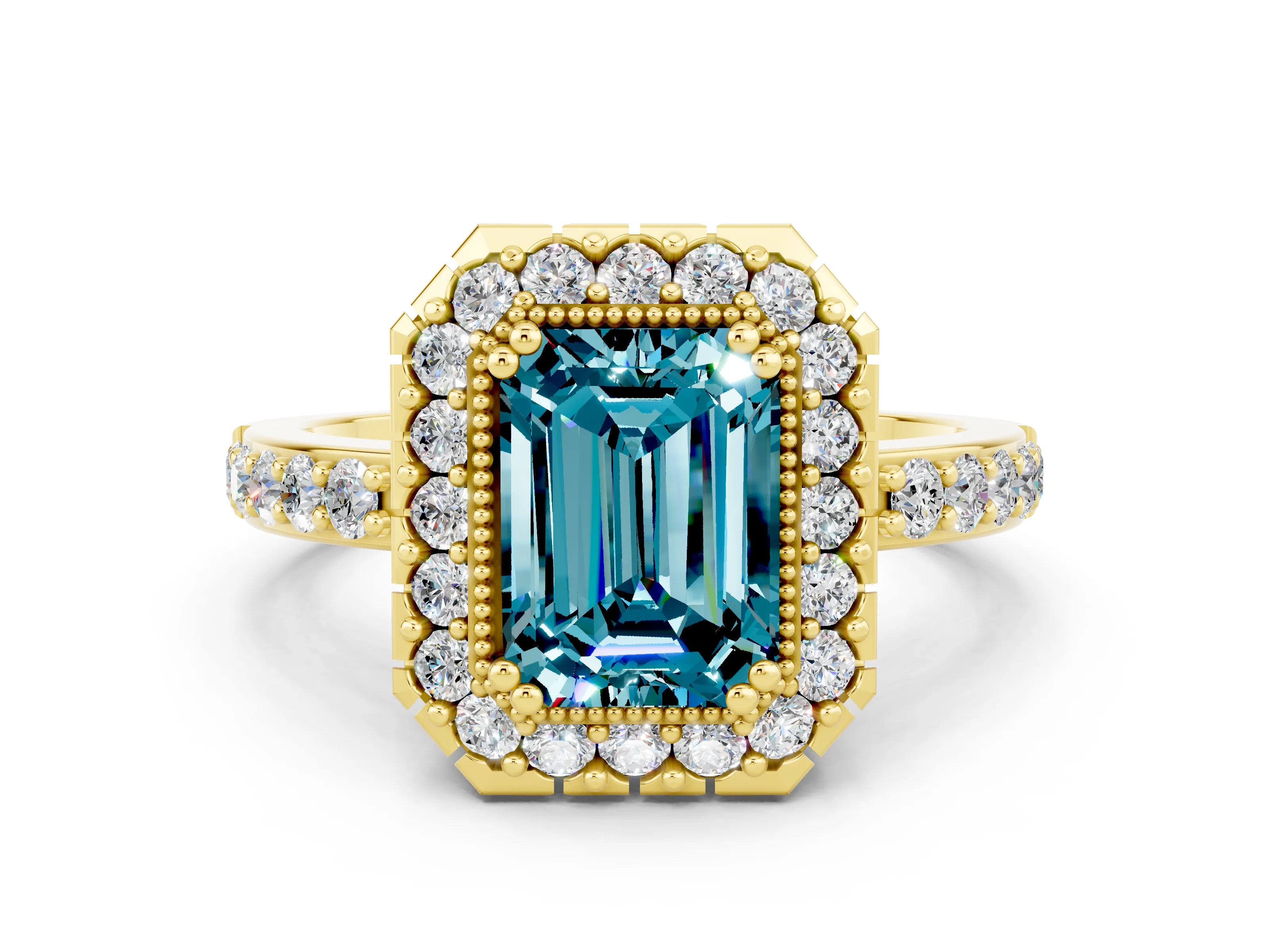 Yellow gold Emerald Cut Blue Topaz Halo Ring with Pavé Band and Prong Setting