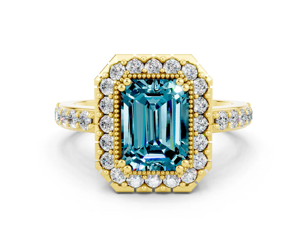 Yellow gold Emerald Cut Blue Topaz Halo Ring with Pavé Band and Prong Setting