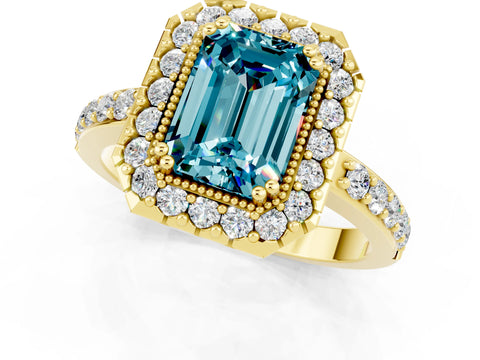 Yellow gold Emerald Cut Blue Topaz Halo Ring with Pavé Band and Prong Setting_1