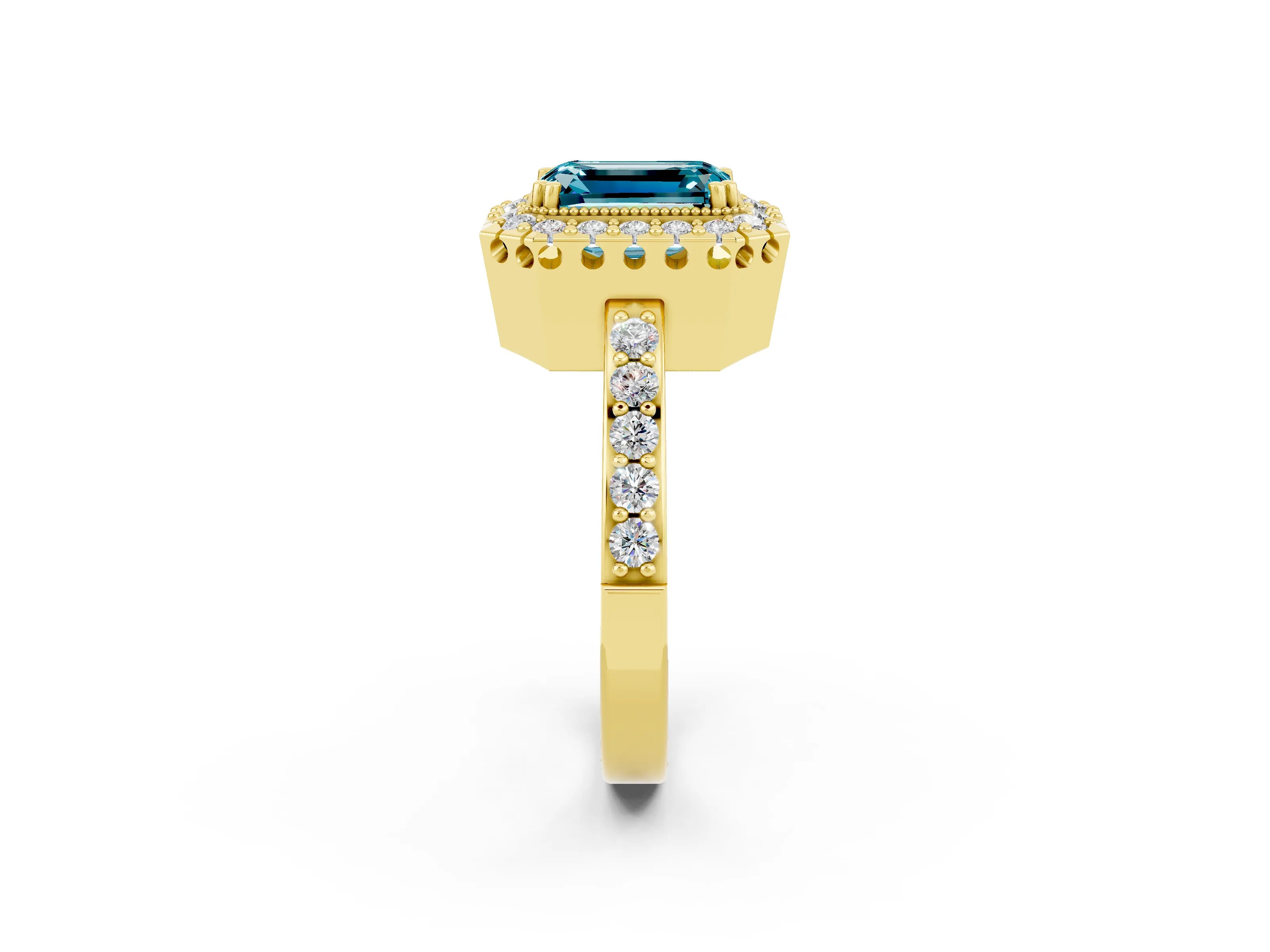 Yellow gold Emerald Cut Blue Topaz Halo Ring with Pavé Band and Prong Setting_2