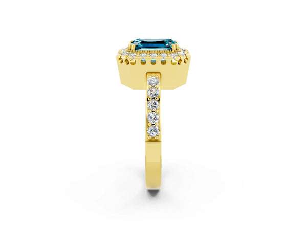 Yellow gold Emerald Cut Blue Topaz Halo Ring with Pavé Band and Prong Setting