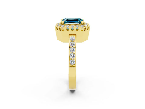 Yellow gold Emerald Cut Blue Topaz Halo Ring with Pavé Band and Prong Setting_2