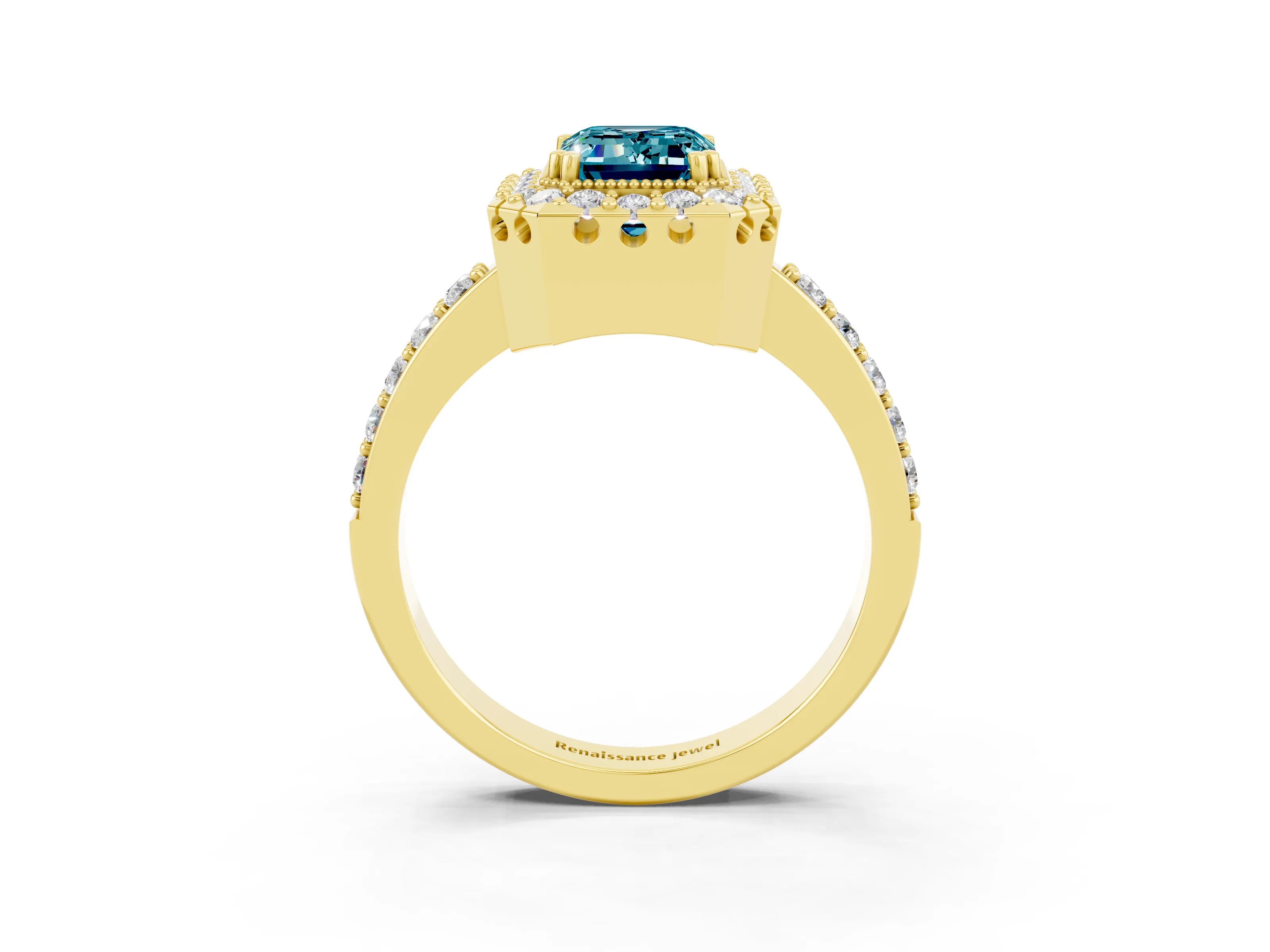 Yellow gold Emerald Cut Blue Topaz Halo Ring with Pavé Band and Prong Setting_3