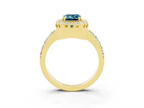 Yellow gold Emerald Cut Blue Topaz Halo Ring with Pavé Band and Prong Setting_3
