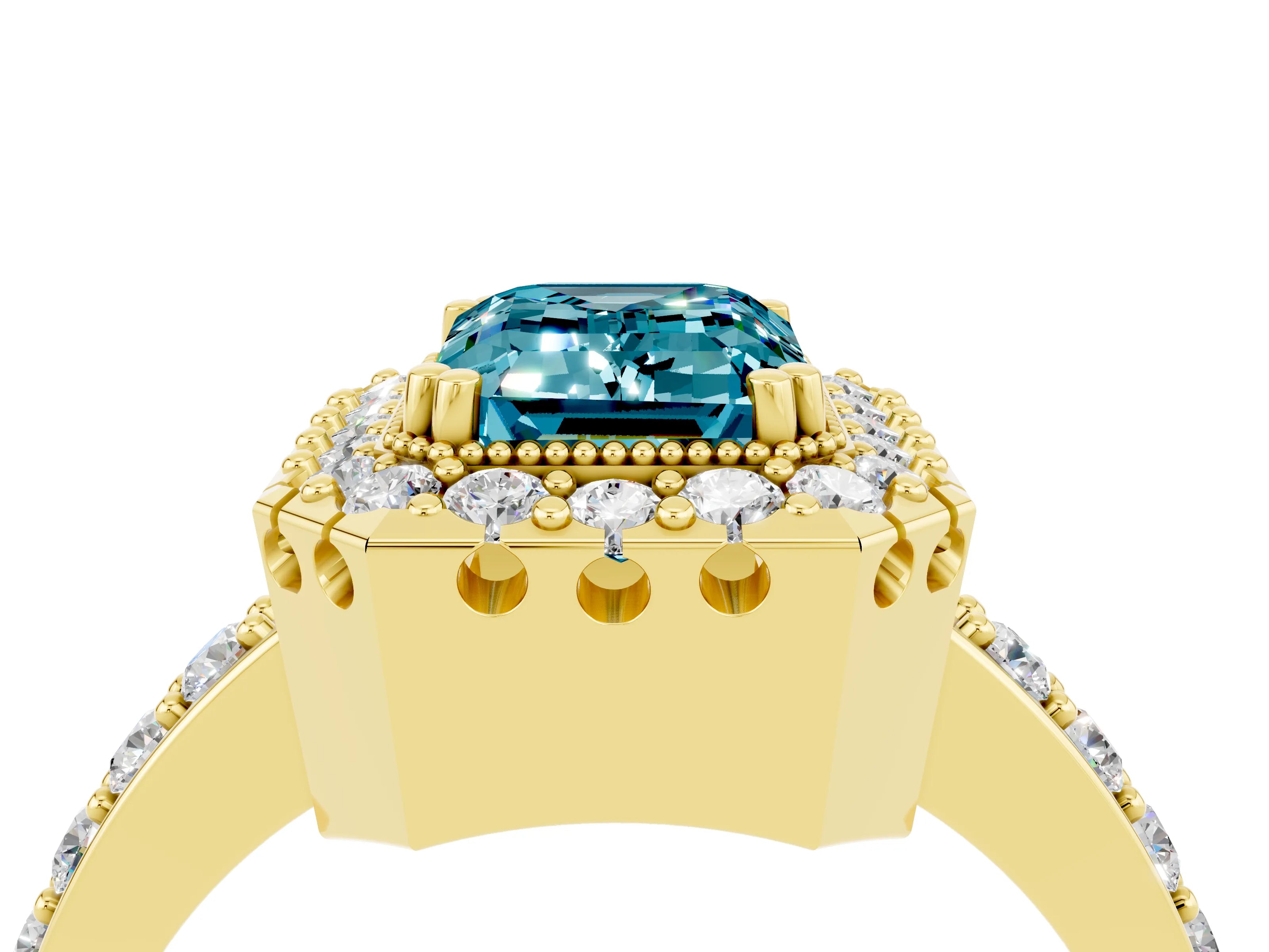 Yellow gold Emerald Cut Blue Topaz Halo Ring with Pavé Band and Prong Setting_4