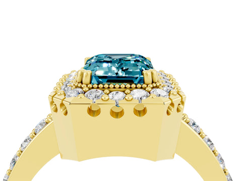 Yellow gold Emerald Cut Blue Topaz Halo Ring with Pavé Band and Prong Setting_4