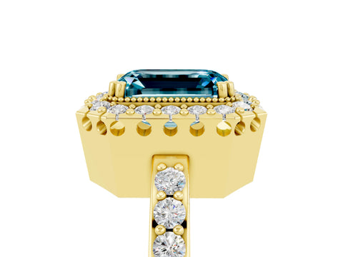 Yellow gold Emerald Cut Blue Topaz Halo Ring with Pavé Band and Prong Setting_5