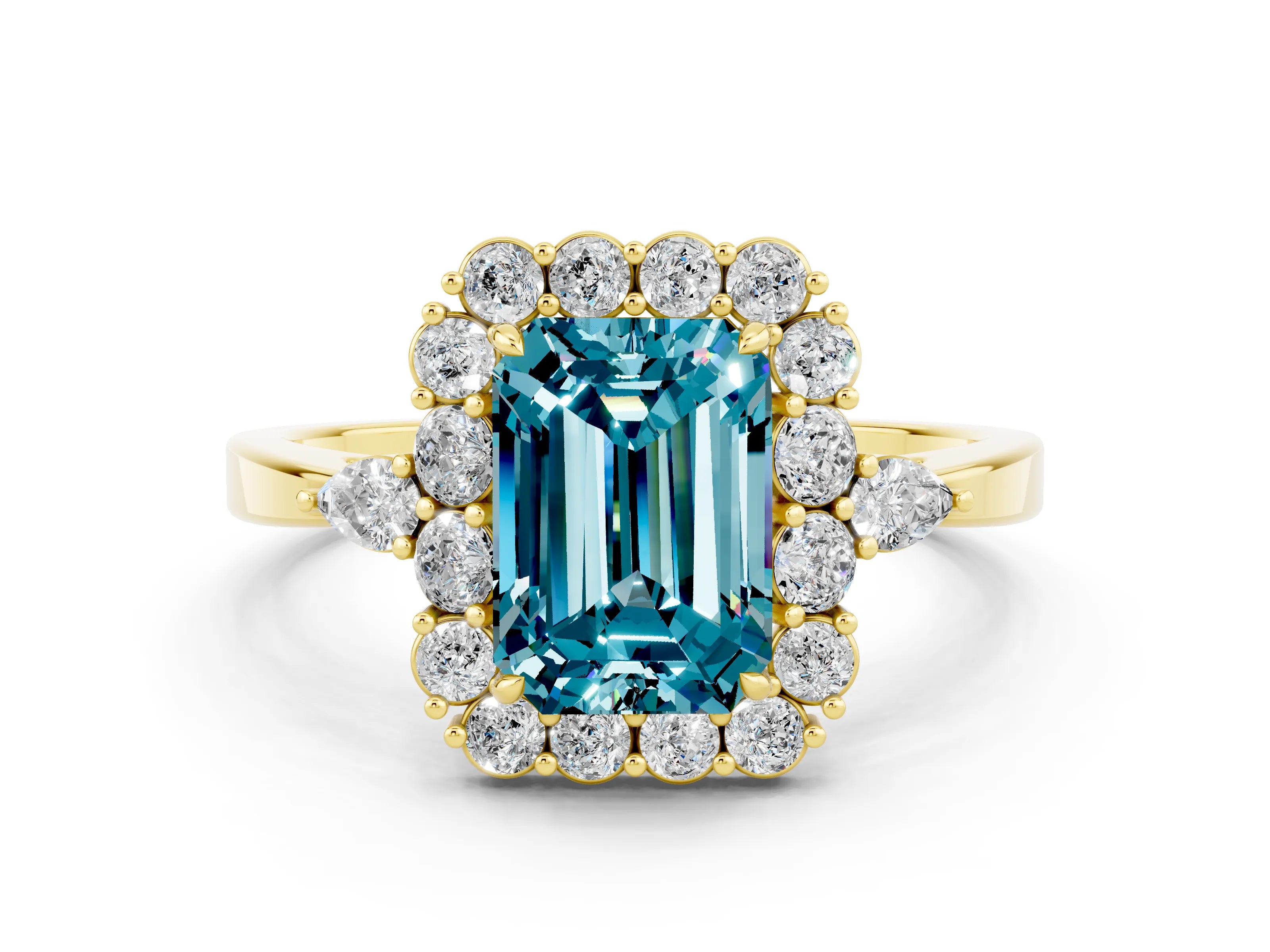 Yellow gold Emerald Cut Blue Topaz Halo Ring with Pear Side Stones and Prong Setting_12