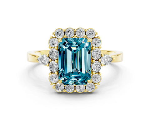 Yellow gold Emerald Cut Blue Topaz Halo Ring with Pear Side Stones and Prong Setting_12