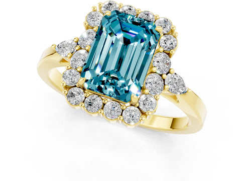 Yellow gold Emerald Cut Blue Topaz Halo Ring with Pear Side Stones and Prong Setting_13