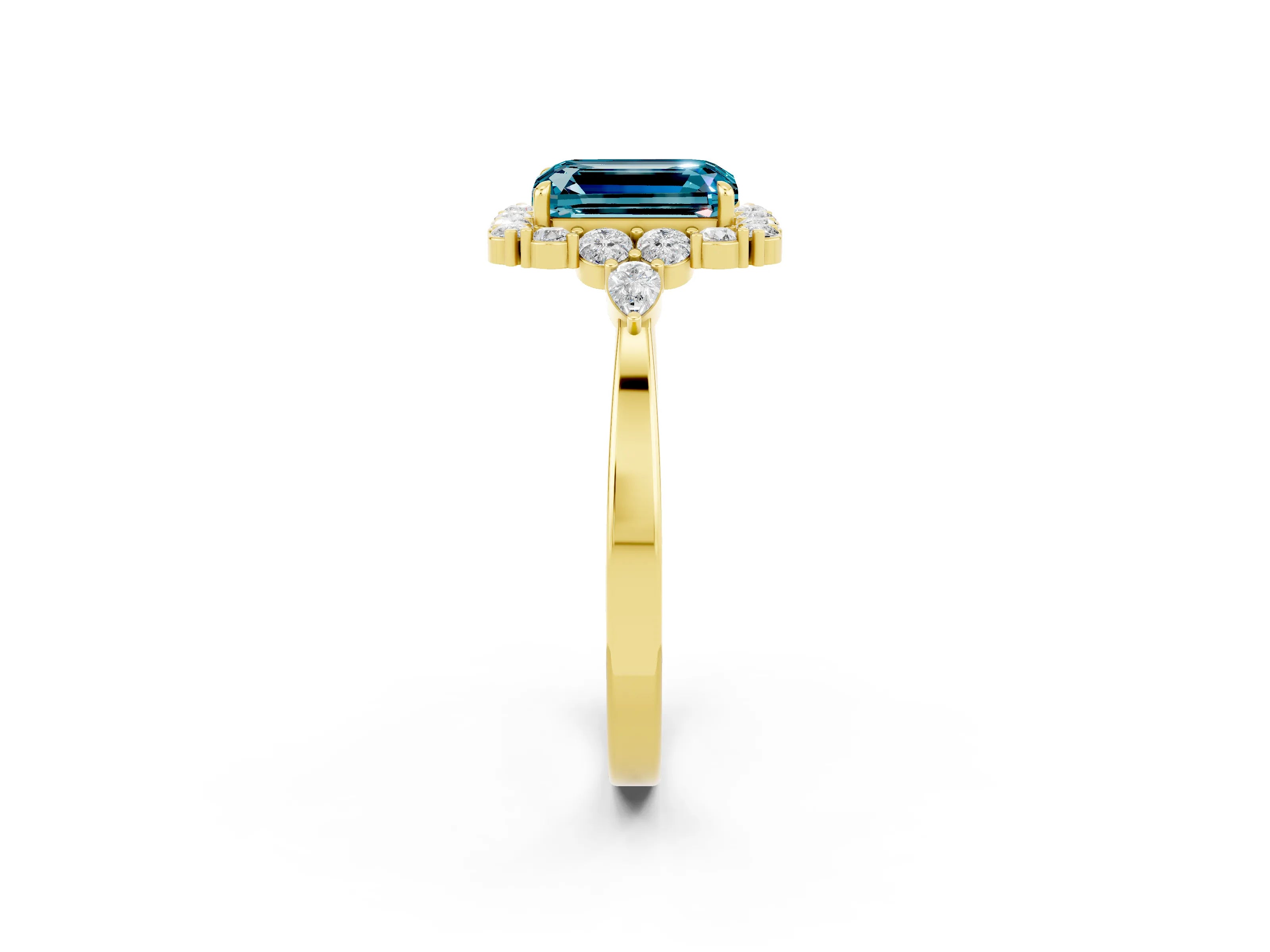 Yellow gold Emerald Cut Blue Topaz Halo Ring with Pear Side Stones and Prong Setting_14