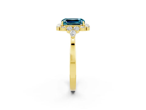 Yellow gold Emerald Cut Blue Topaz Halo Ring with Pear Side Stones and Prong Setting_14