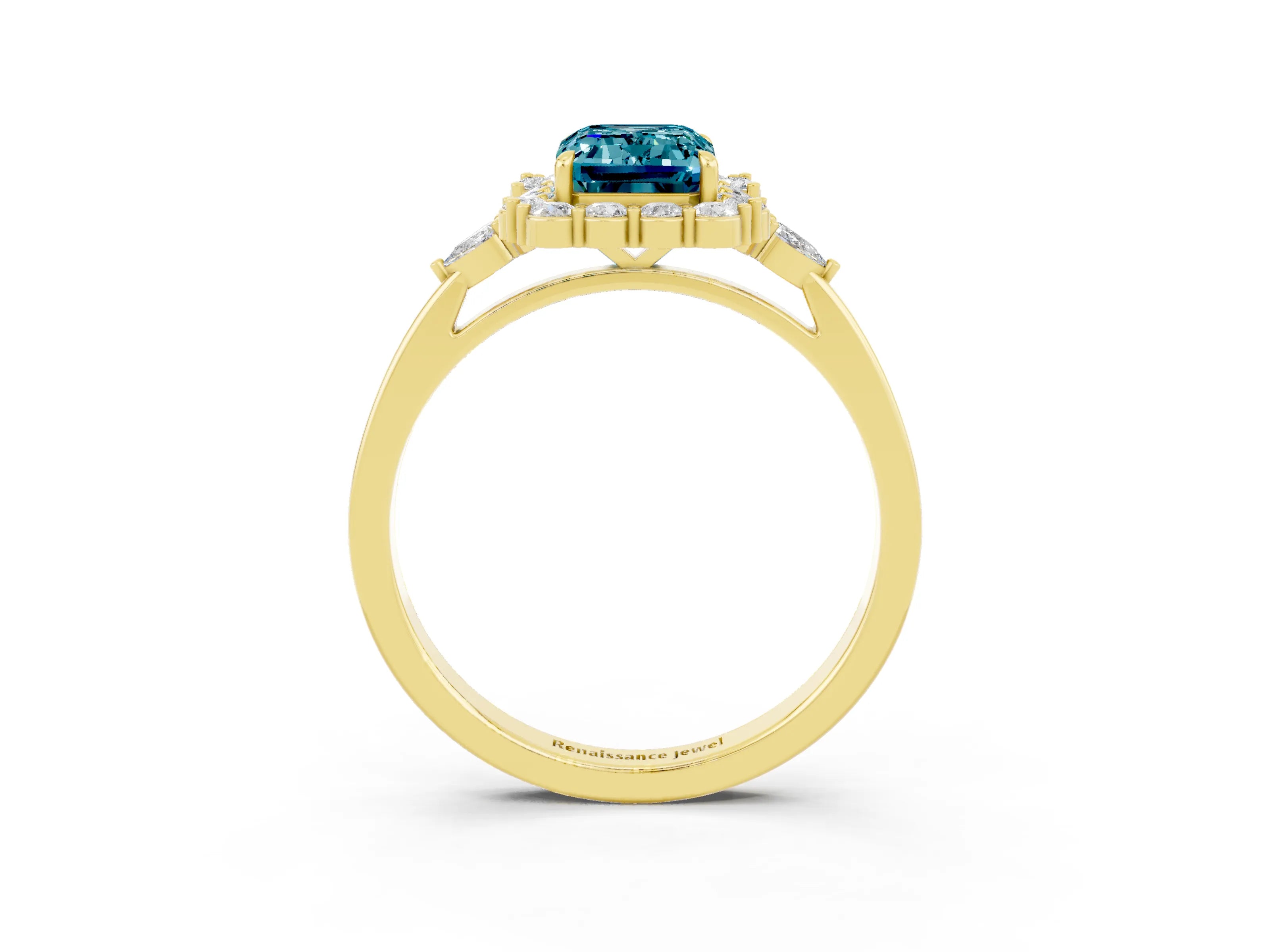Yellow gold Emerald Cut Blue Topaz Halo Ring with Pear Side Stones and Prong Setting_15