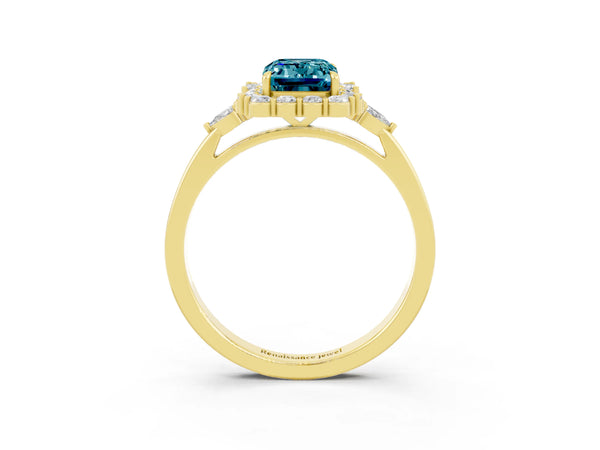 Yellow gold Emerald Cut Blue Topaz Halo Ring with Pear Side Stones and Prong Setting