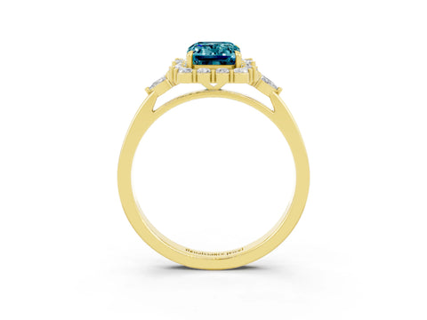 Yellow gold Emerald Cut Blue Topaz Halo Ring with Pear Side Stones and Prong Setting_15