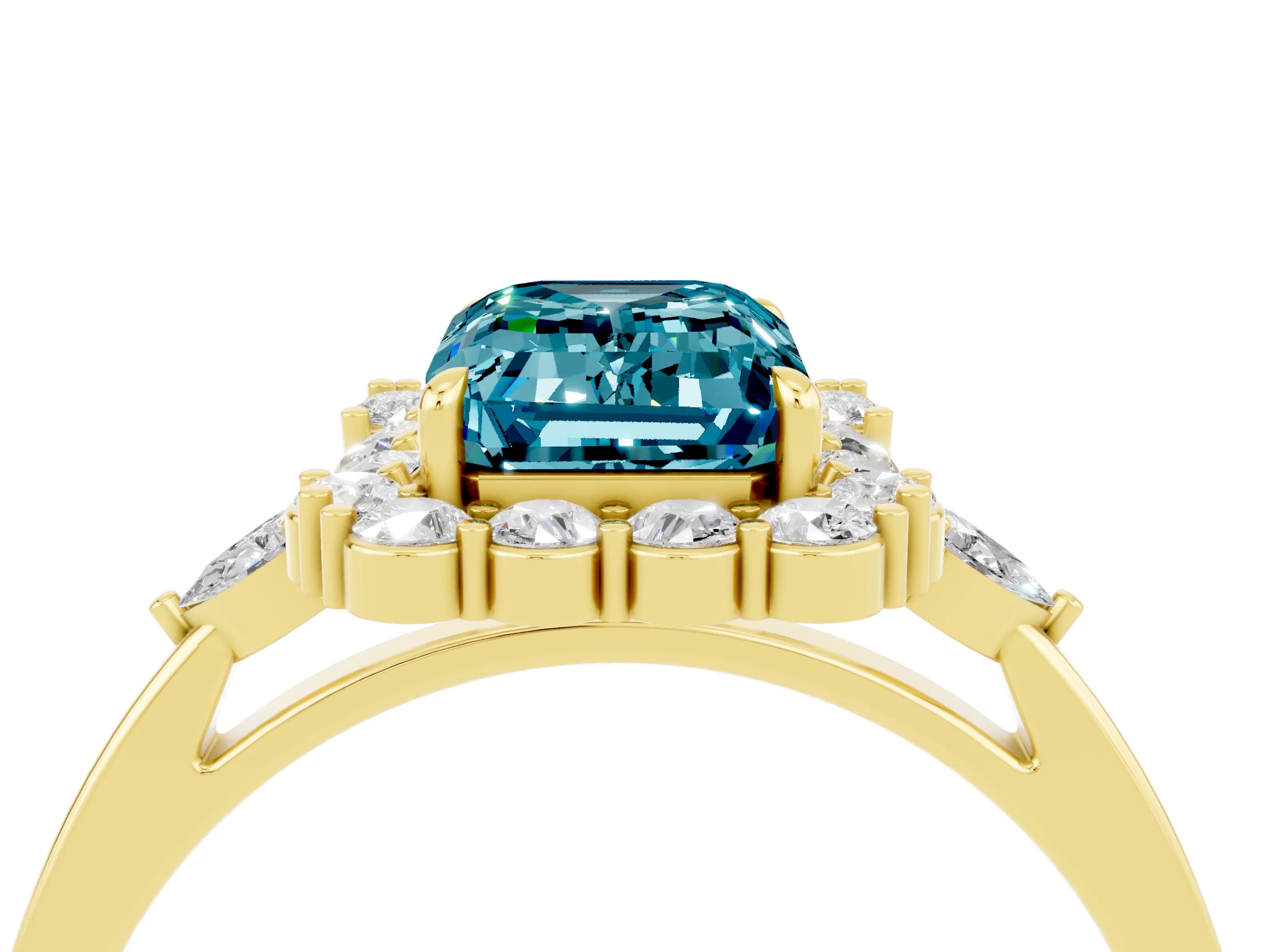 Yellow gold Emerald Cut Blue Topaz Halo Ring with Pear Side Stones and Prong Setting_16