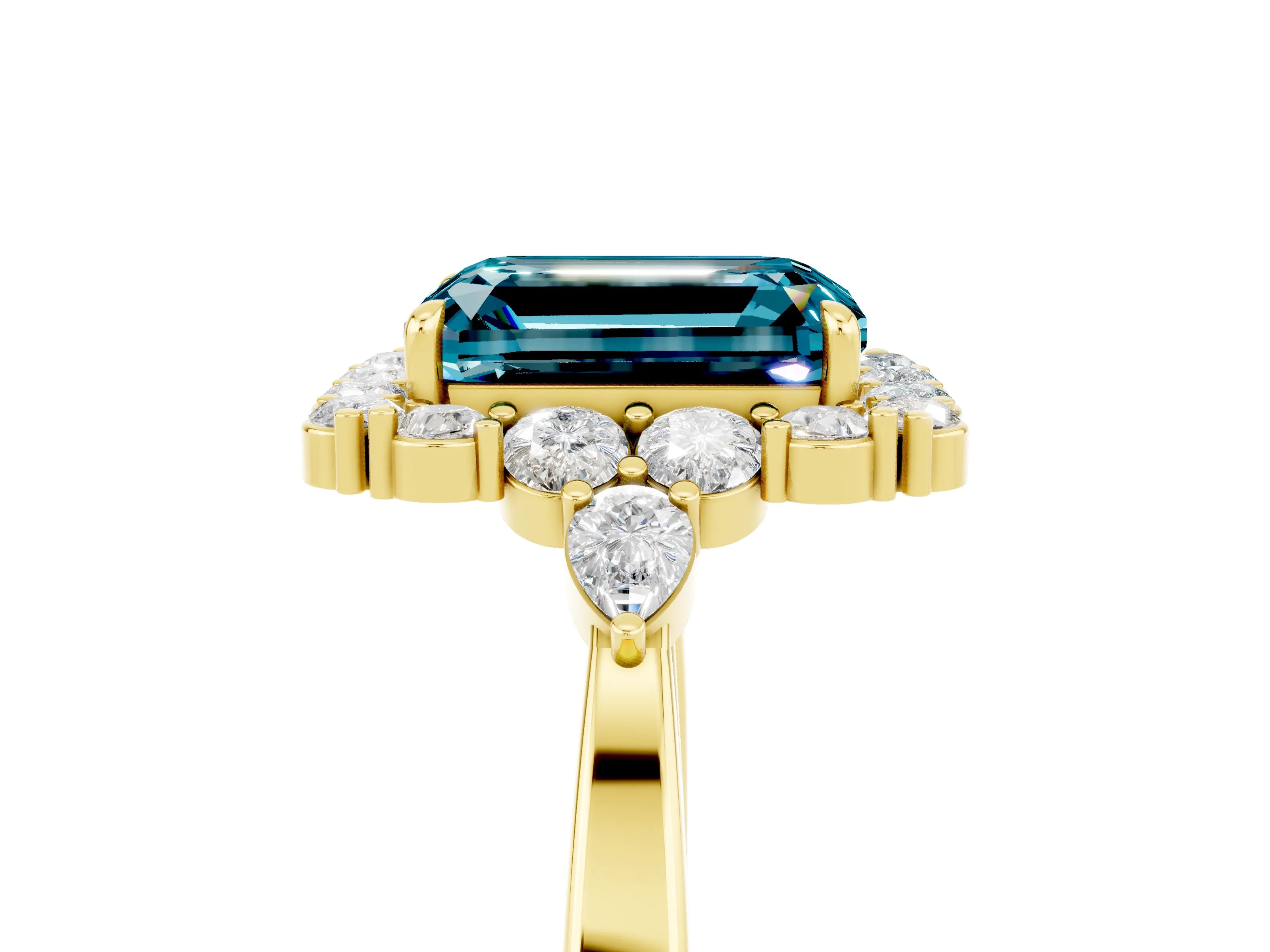 Yellow gold Emerald Cut Blue Topaz Halo Ring with Pear Side Stones and Prong Setting_17
