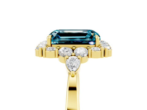 Yellow gold Emerald Cut Blue Topaz Halo Ring with Pear Side Stones and Prong Setting_17