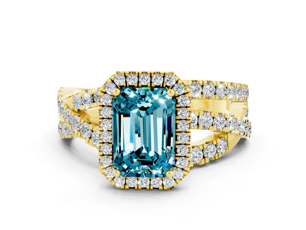 Yellow gold Emerald Cut Blue Topaz Halo Ring with Round Split Shank and Prong Setting