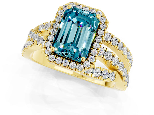 Yellow gold Emerald Cut Blue Topaz Halo Ring with Round Split Shank and Prong Setting