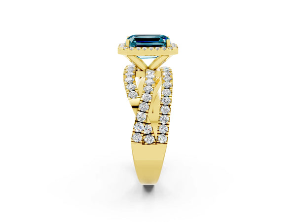 Yellow gold Emerald Cut Blue Topaz Halo Ring with Round Split Shank and Prong Setting