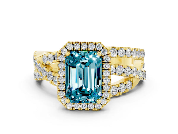 Yellow gold Emerald Cut Blue Topaz Halo Ring with Round Split Shank and Prong Setting