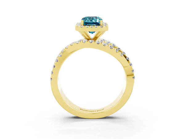 Yellow gold Emerald Cut Blue Topaz Halo Ring with Round Split Shank and Prong Setting