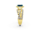 Yellow gold Emerald Cut Blue Topaz Halo Ring with Round Split Shank and Prong Setting_50