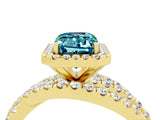 Yellow gold Emerald Cut Blue Topaz Halo Ring with Round Split Shank and Prong Setting_52