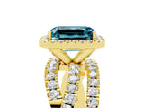 Yellow gold Emerald Cut Blue Topaz Halo Ring with Round Split Shank and Prong Setting_53