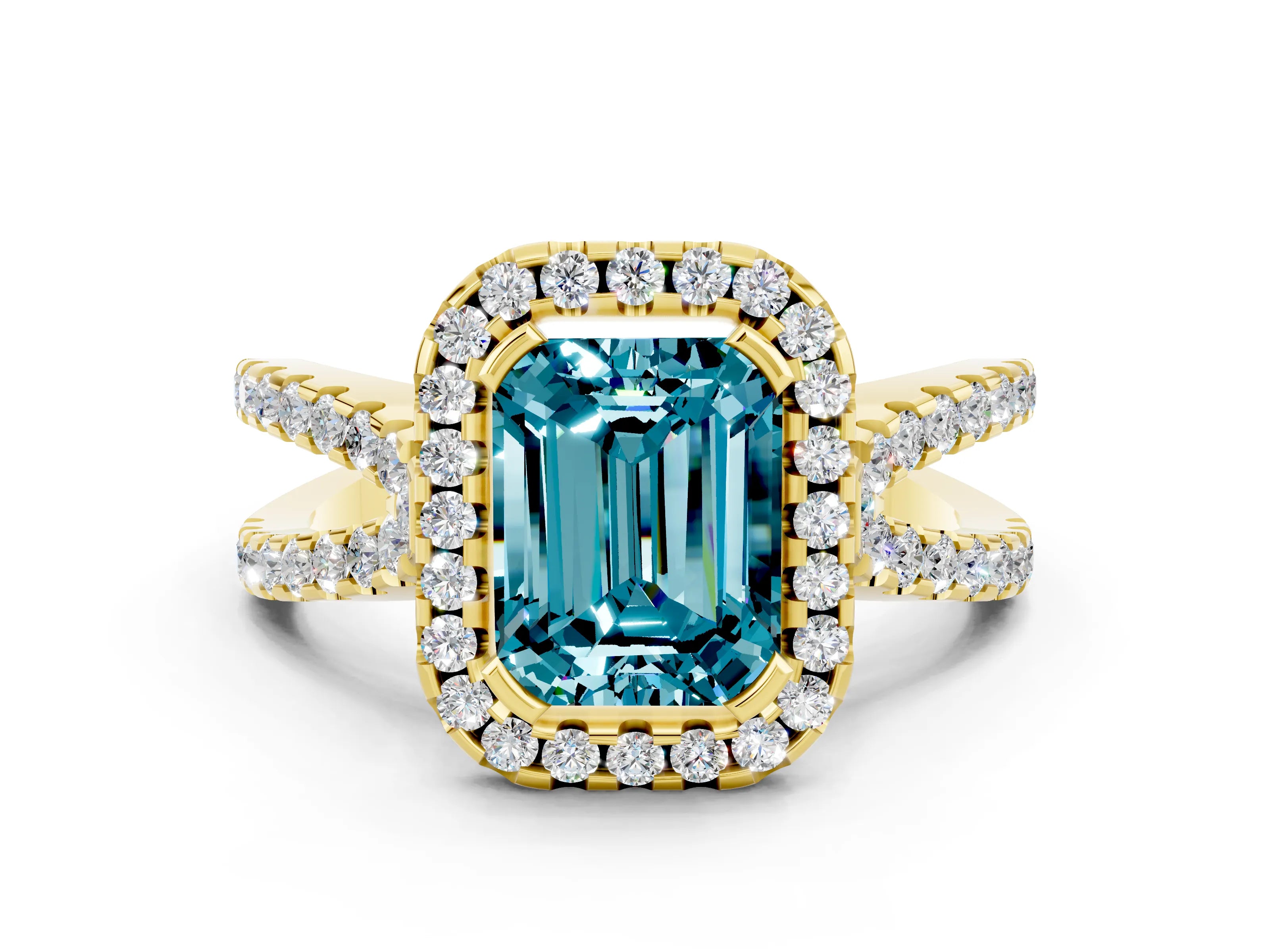 Yellow gold Emerald Cut Blue Topaz Halo Ring with Split Shank Pavé Band and Prong Setting