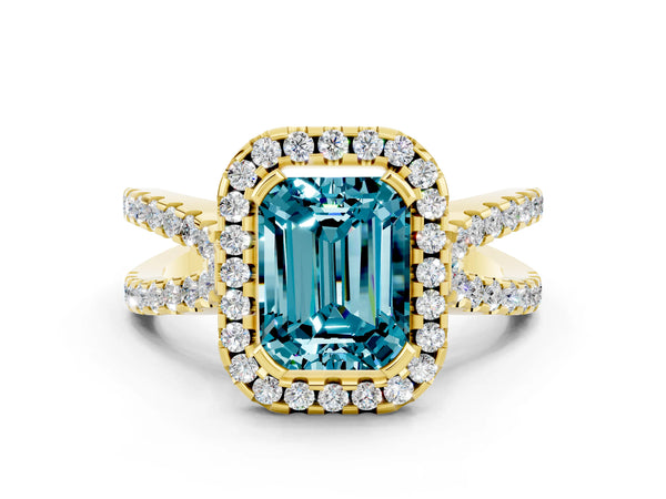 Yellow gold Emerald Cut Blue Topaz Halo Ring with Split Shank Pavé Band and Prong Setting
